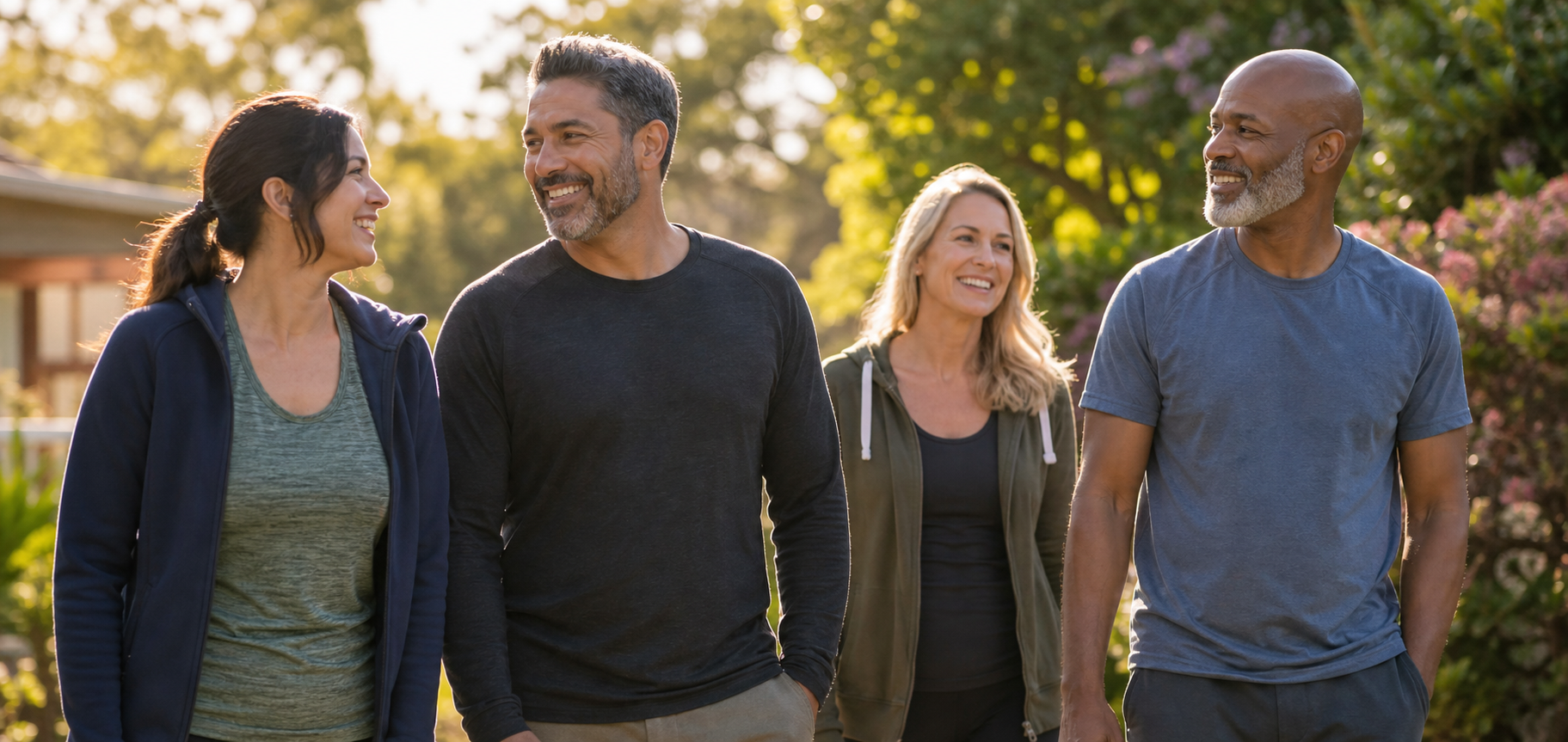 Healthy adults walking together in a calm outdoor setting